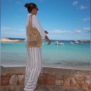 White & tan striped linen pants